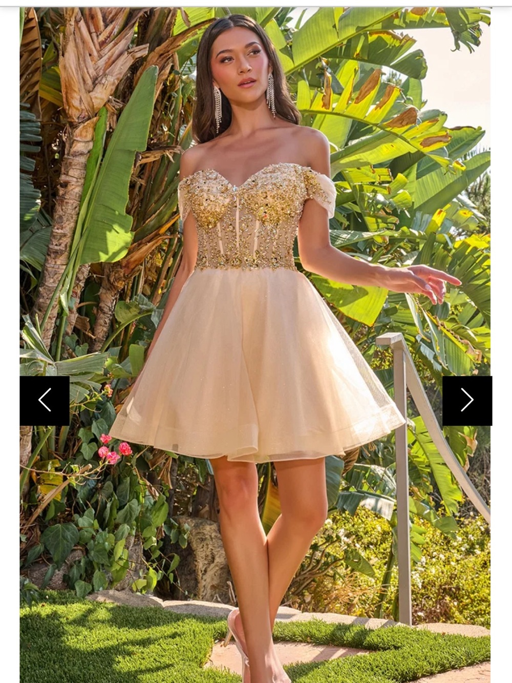 Elizabeth K Off-Shoulder Beaded Corset Short Dress Champagne Junior Size Medium